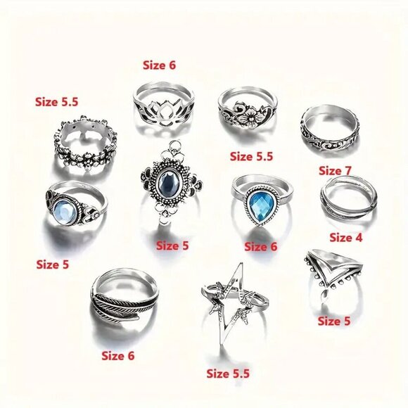 SOLD NWOT - 11 Piece Vintage Carved Starry Gemstone Combo Set Rings - Picture 6 of 6